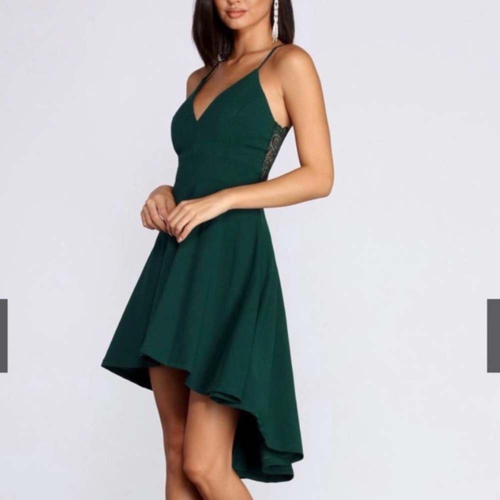 High low emerald green wedding guest dress